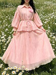 Modelyn Premium Pleated Yellow 3D Floral Tie Waist Lantern Sleeve Blouse & Elastic Waist Flared Skirt, Romantic Gentle Slimming Women's 2-Piece Set - Pink - View 7