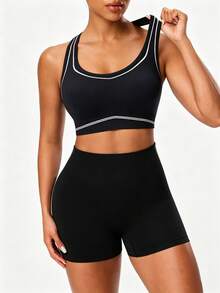 Solea Cove 1 Set, Black Criss-Cross Back Sports Set, High Waist Tummy Control Slimming Butt Lifting Shorts, Contrast Line Shaping Yoga Outfit, Soft Comfortable Fit, Suitable For Workout, Running, Casual, Yoga - Black - View 6