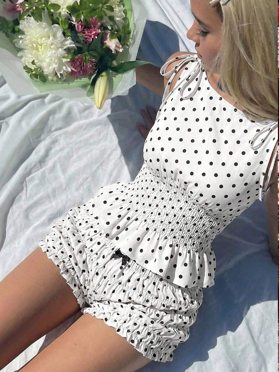 Skyraze Women's Boat Neck Sleeveless Bow Tie Polka Dot Waist Gathered Top And Shorts Sweet Two Pieces Set - White - View 1