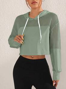 Sovereign Charm Women's Breathable Patchwork Mesh Drawstring Hooded Sports Sweatshirt - Green - View 3