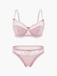 Bisouelle Conjunto de lencería de sujetador con aro y bragas de encaje en contraste para el verano para el verano - Lila Púrpura - Ver 1