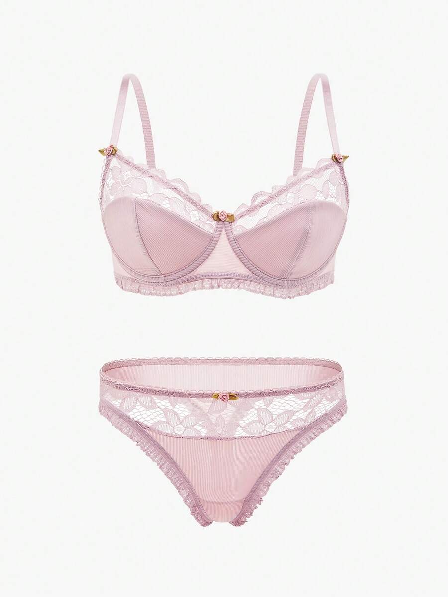 Bisouelle Conjunto de lencería de sujetador con aro y bragas de encaje en contraste para el verano para el verano - Lila Púrpura - Ver 1