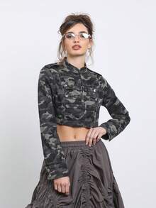 COUREZ Shrunken Long Sleeve Camo Drummer Military Jacket Y2K Streetwear Autumn Rave Fall Women's Denim Jean Summer Outfits Everyday Grey Camo - Multicolor - View 6
