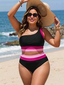 Swim Lushoire 2-teiliges Badeanzug-Set Große Größen für Damen, Farbblock-Design, einseitig getragen, modisch, minimalistisch, klassisch, 2026 neuer Stil für Strandurlaub, Pool, Sommer - Verschiedenfarbig - Übersicht 1