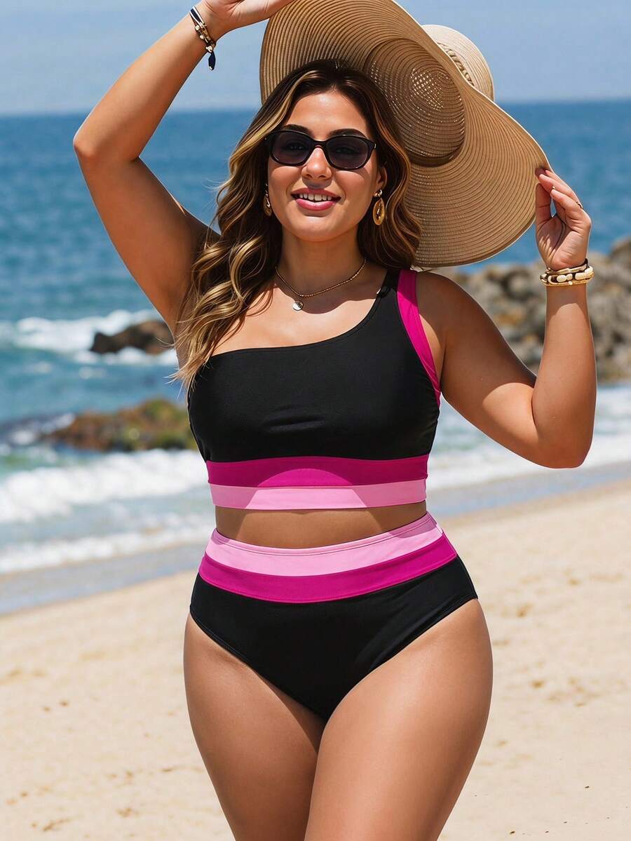 Swim Lushoire 2-teiliges Badeanzug-Set Große Größen für Damen, Farbblock-Design, einseitig getragen, modisch, minimalistisch, klassisch, 2026 neuer Stil für Strandurlaub, Pool, Sommer - Verschiedenfarbig - Übersicht 1