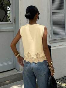 Siren Gaze Women's Summer Casual Solid Color Contrast Lace Round Neck Tank Top - Light Yellow - View 2