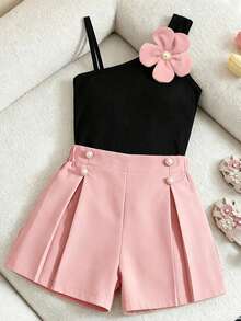 Tween Girls'2-Piece Set Black One-Shoulder Ribbed Cami Top Flower Decor Beige Shorts,Shadesofpink,Fashionable,Cute,Summer,Vacation,DailyOutings - Pink - View 4