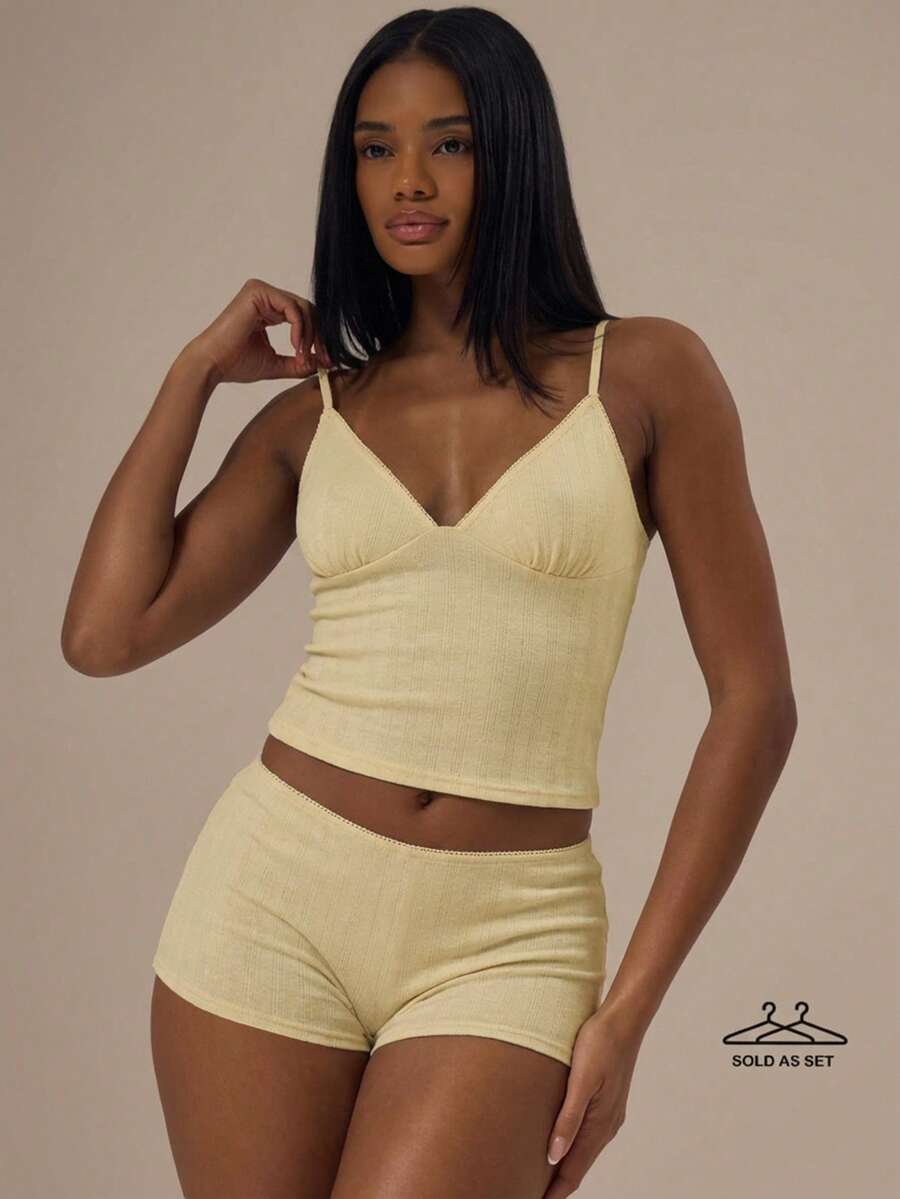 MUSERA Pointelle Triangle Adjustable Strap Cami Top With Picot Trim Fitted Boy Shorts Two Pieces Set Lingerie Evening Everyday Summer - Light Yellow - View 1