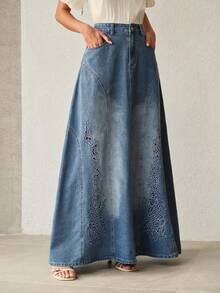 Anewsta Women's Casual Daily Floral Embroidered Washed Denim Skirt - Blue - View 3