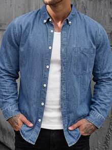 DAZY Blue Washed Distressed Long Sleeve Thin Fit Plus Size Men's Denim Shirt Fall - Blue - View 5