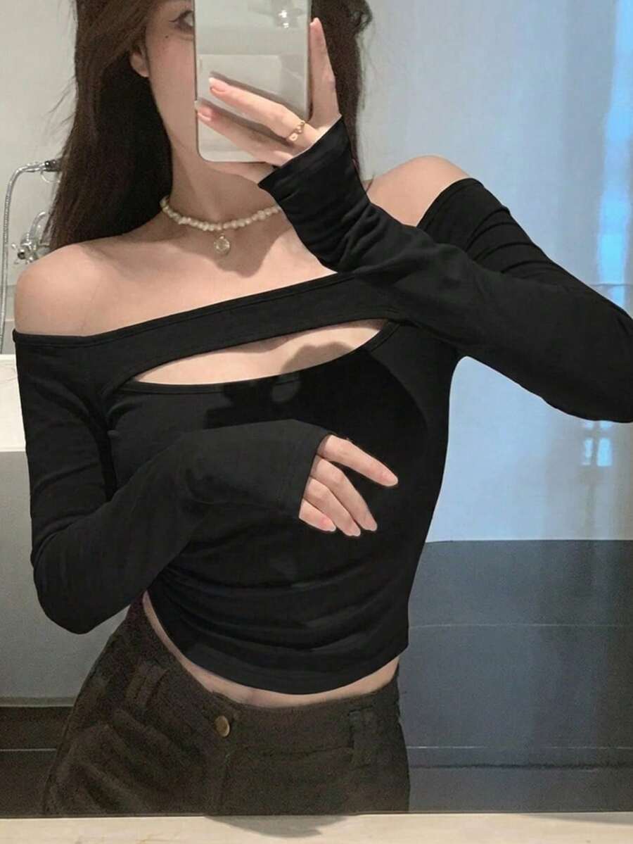 DAZY 女款方領修身T恤 性感風 夜店穿搭 黑色 秋冬露肩長袖上衣 - 黑色 - 查看 1