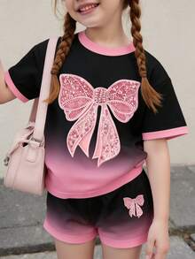 Tween Girl Gradient Bow Short Sleeve T-Shirt And Shorts 2 Pieces Set - Multicolor - View 2