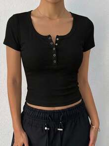 Dazy Star Solid Color Ribbed Knit Short Sleeve T-Shirt,Crop Tops Women - Black - View 9