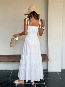 Wynsel Women Solid Color Simple And Fresh Daily Wear Spring/Summer Spaghetti Strap Dress Sundress Sheer,Casual Women Dresses - White - View 10