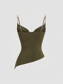 Sweetra Women's New Fashion Versatile Shiny Knit Tank Top With Waist Cinched, Flared Neckline And Asymmetrical Hem - Army Green - View 2