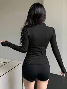DAZY Ladies' Solid Color Simple Daily Zip-Up Jacket With Long Sleeves - Black - View 8