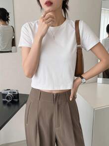 Dazy-Less Solid Color Short Sleeve T-Shirt Old Money Style Summer,Crop Tops Women Business Casual Woman Work Clothes - White - View 15