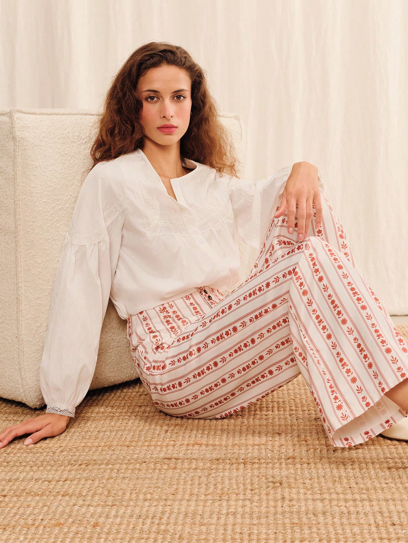 White High Waisted Floral Trouser With Straight Loose Fit Leg Summer Holiday Business Casual Pants