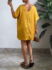 Lunelith SHEIN Lunessa Women's Loose Glossy V-Neck Short Sleeve Mini Dress - Yellow - View 2