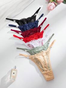 SHEIN 14pcs/Set Romantic Lace Low Waist Thong Panties With Rhinestone Decor Elegant Underwear - Multicolor - View 5