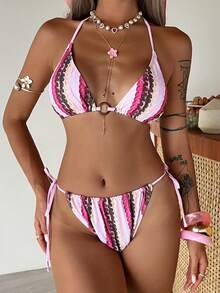 Livesso Women's Summer Beach Vacation Bikini Set With Triangle Top, Ring Connector, Striped Print, And Side Tie Bottoms - Multicolor - View 3