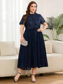 Reflora Đầm nữ size lớn cổ tròn tay ngắn phối ren tương phản gấu xếp ly thanh lịch - Màu xanh lam - Xem 6