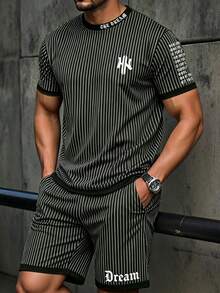 Manfinity Homme 男士字母条纹印花短袖T恤和短裤休闲套装 - 彩色 - 查看 2