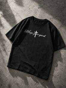 ROMWE MEN Street Life Men's Portrait Print Short Sleeve T-Shirt, Suitable For Daily Wear In Spring And Summer - Black - View 2