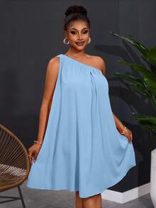 Slaydiva Plus Size Women's One Shoulder Sleeveless Solid Color Wide Leg Dress - Baby Blue - View 5
