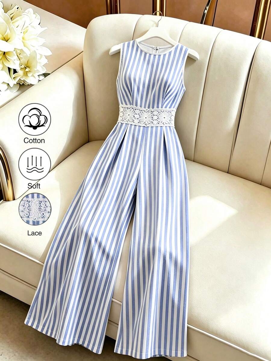 GlowEve Women's Summer Fashion Commuter Striped Contrast Lace Sleeveless Jumpsuit - Multicolor - View 1