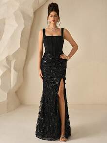 Coutiva Women's Sequin Embroidered Patchwork Twisted Wire Frayed Hem Split Formal Evening Gown, Heavy Work Style - Black - View 1