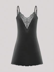 Hourtrue Women's Lace Strap Pajama Night Dressfor Summer - Black - View 1