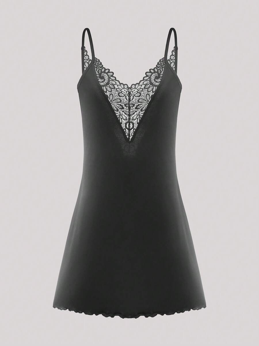 Hourtrue Women's Lace Strap Pajama Night Dressfor Summer - Black - View 1