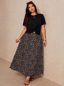 Elaquor Conjunto de Duas Peças de Verão Plus Size para Mulheres, Conjunto de Manga Curta, Conjunto de Duas Peças com Saia Meia Estampada, Conjunto Casual e Confortável Plus Size para Mulheres, Roupas Estampadas para Mulheres, Looks de Verão para Mulheres, Conjuntos de Descanso para Mulheres, Conjunto de Duas Peças para Férias, Look de Verão de 2 Peças, Conjuntos de Verão para Mulheres - Multicolorido - Visão 3