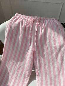 SHEIN EZwear Pink White Striped Drawstring Waist Casual Cute Pants, Plus Size Vacation Summer - Pink - View 6