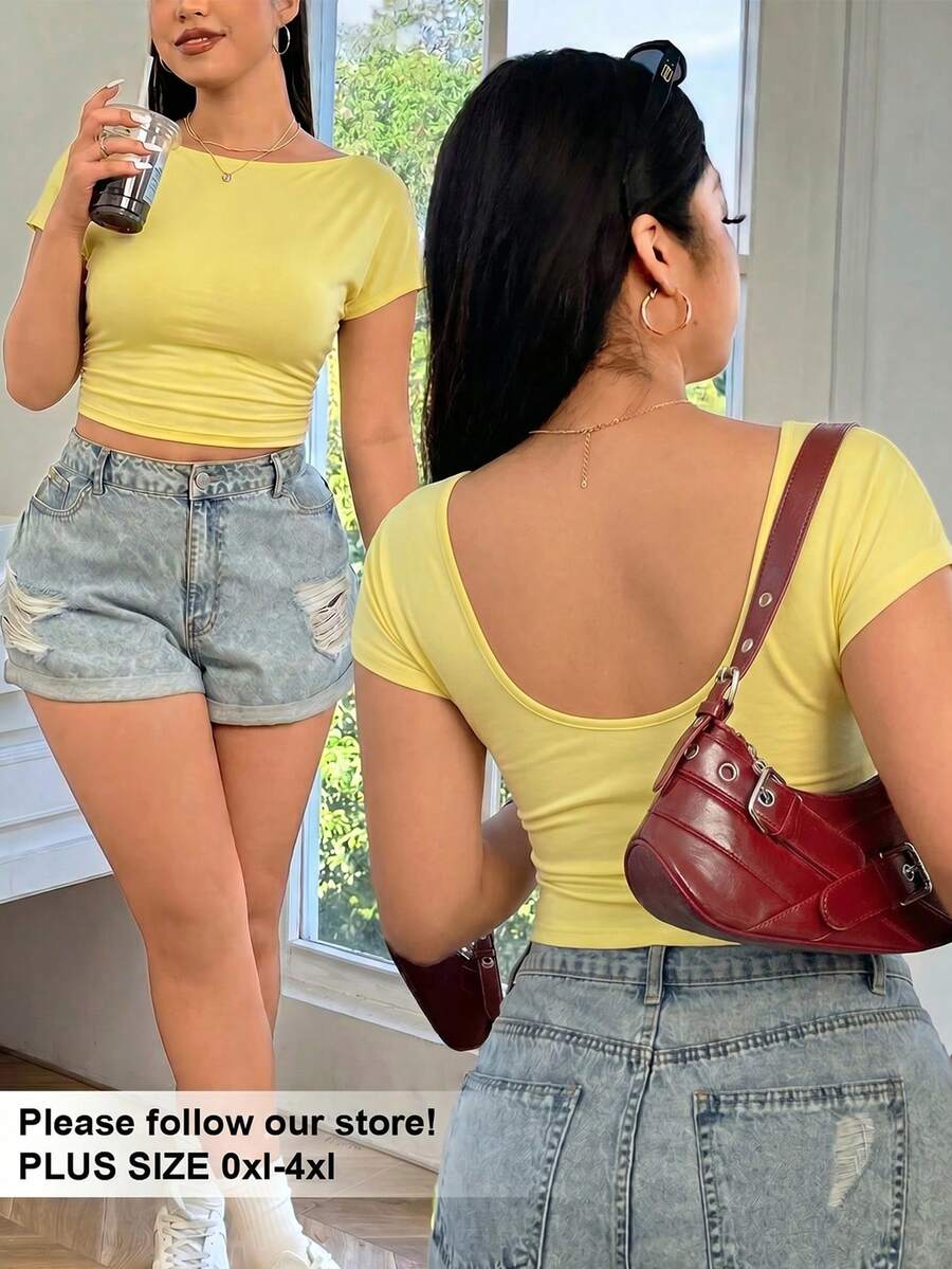 SHEIN EZwear 浅黄色加大码女式圆领短袖T恤 - 鵝黃色 - 查看 1