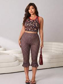 Solflare Leggings con volantes y estampado de lunares talla grande - Marrón - Ver 3
