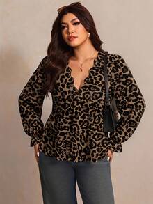 SHEIN Essnce 大码女式豹纹喇叭袖衬衫 - 彩色 - 查看 1