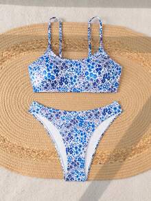 Swim Lushoire Women's Summer New Beach Swim Fashion Vacation Sweet Cute Multi-Color Small Ditsy Floral Textured Fabric Bandeau Two Pieces Bikini Set Sexy Backless - Multicolor - View 6
