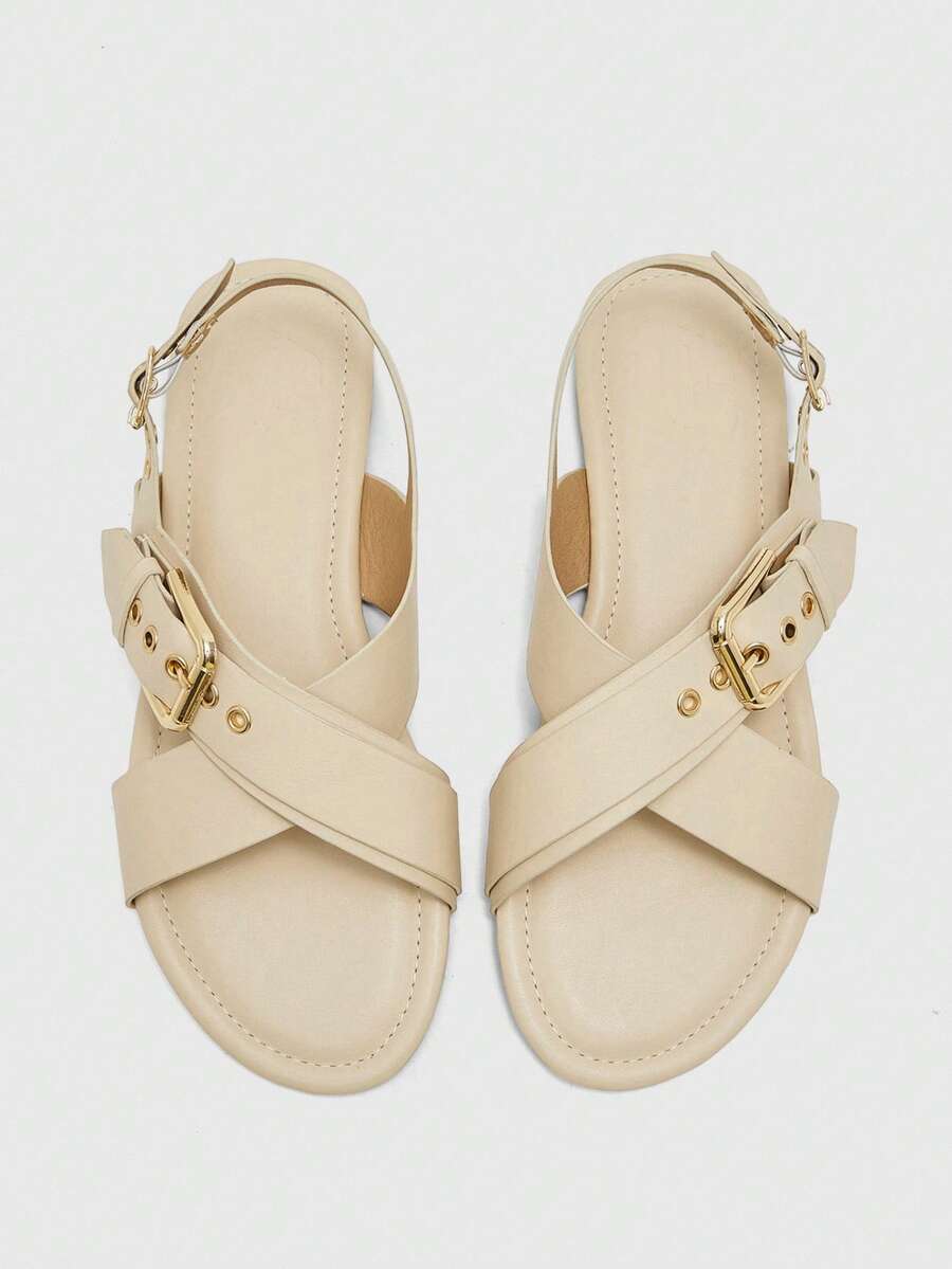 CUCCOO BIZCHIC Ladies Casual Fashion Vacation Buckle Crossstrap Open-Toe Solid Color Flat Sandals Summer - Apricot - View 1