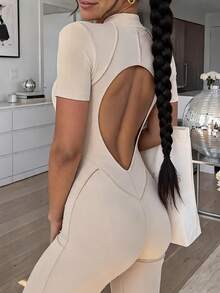 Normani 女士纯色立领休闲日常修身连体裤 - 杏色 - 查看 3