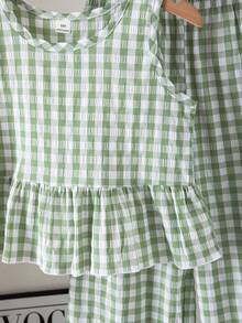 SHEIN 青少年女孩春夏季新款極簡基礎清新綠色格紋套頭無袖上衣與長褲2件套，度假休閒，舒適輕盈面料，黑色蕾絲飾邊下擺，時尚感十足，適合夏季海灘度假 - 綠色 - 查看 5