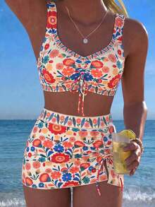 Swim Lushoire Set Pakaian Renang Musim Panas Terbaru dengan Atasan Tankini Berkerut dan Rok Mini Motif Bunga, Set Bikini Konservatif Gaya Boho untuk Liburan Pantai Warna Beige - MultiWarna - View 3