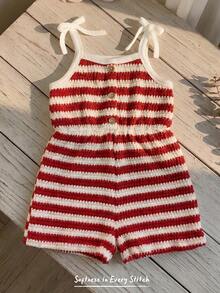 Cozy Pixies Baby Girl Contrast Color Striped Pattern Knit Soft Suspender Romper Shorts - Red - View 4