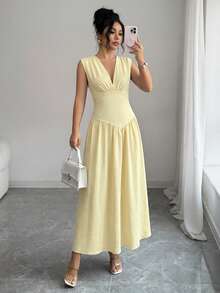 Celisse Women's V-Neck Waist-Defining Sleeveless Midi Dress, Elegant Vacation Style For Spring And Summer - Light Yellow - View 5