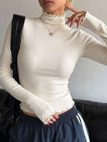 DAZY Solid Mock Neck Tee Long Sleeve Women Tops - Apricot - View 11