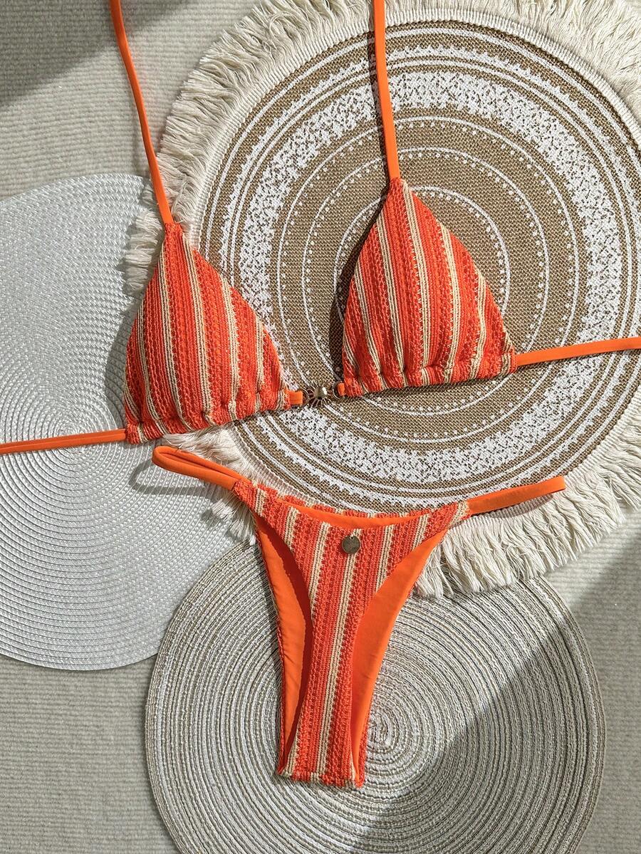 Swim Mod Women's Spring/Summer New Special Fabric Metal Decor V-Neck Halter Backless Triangle Top & Bikini Bottom Two Pieces Swimwear - Orange - View 1