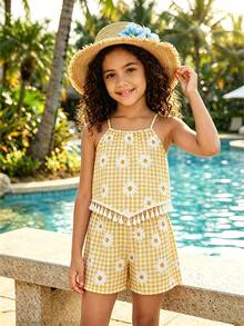 Tween Girl Plaid Floral Print Tassel Design Camisole Top And Shorts Casual Daily Set - Yellow - View 3