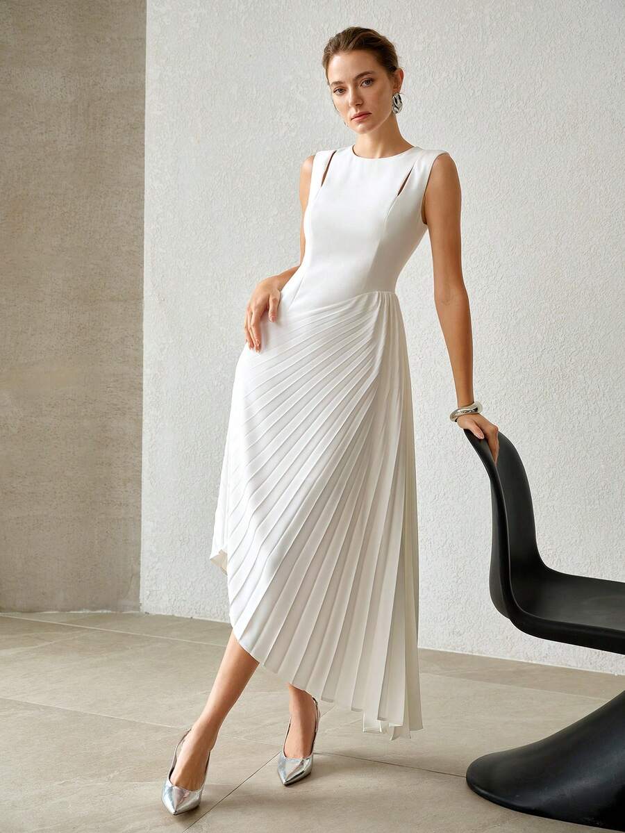 MOTF PREMIUM SPRING/SUMMER ASYMMETRIC HEM PLEATED ELEGANT CUT-OUT DRESS - Beige - View 1