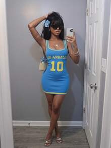 Bumpella Contrast Color Number Graphic Mini Bodycon Dress, Crew Neck, Streetwear Style - Blue - View 13